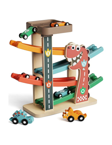 Pista de Carreras de Madera Paisure con 4 Coches Mini y Dinosaurios
