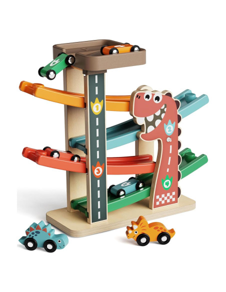 Pista de Carreras de Madera Paisure con 4 Coches Mini y Dinosaurios Pista de Carreras de Madera Paisure con 4 Coches Mini y Dinosaurios