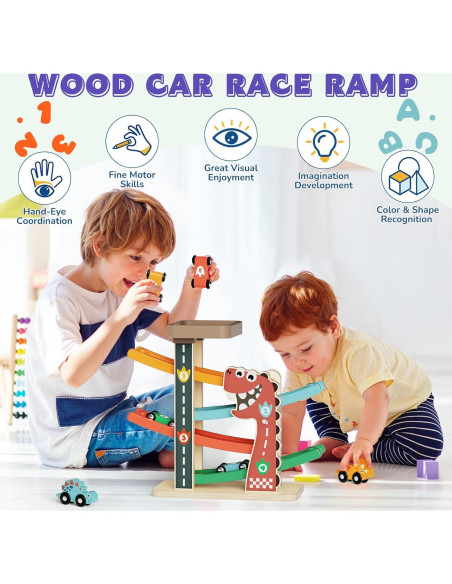Pista de Carreras de Madera Paisure con 4 Coches Mini y Dinosaurios Pista de Carreras de Madera Paisure con 4 Coches Mini y Dinosaurios