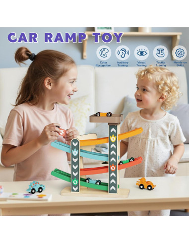 Pista de Carreras de Madera Paisure con 4 Coches Mini y Dinosaurios