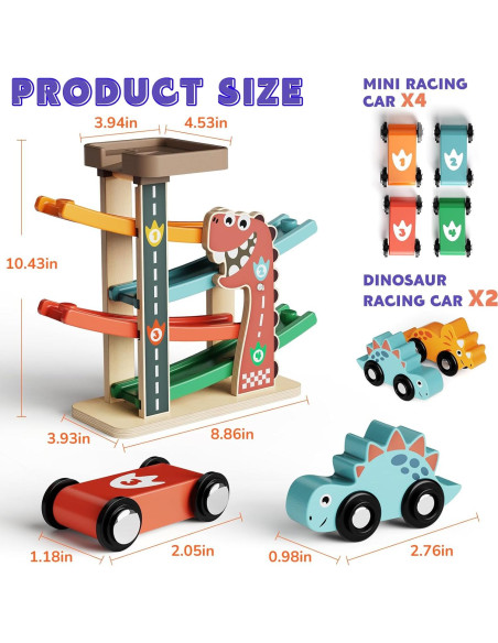 Pista de Carreras de Madera Paisure con 4 Coches Mini y Dinosaurios Pista de Carreras de Madera Paisure con 4 Coches Mini y Dinosaurios