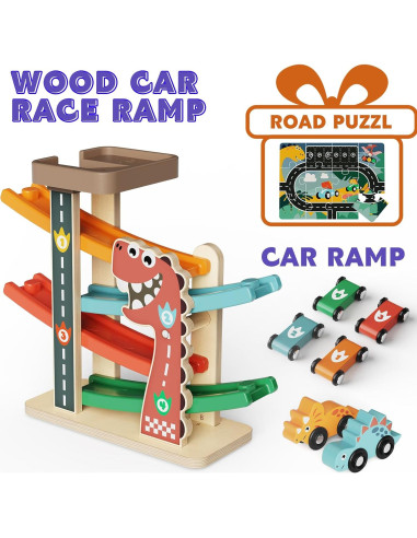 Pista de Carreras de Madera Paisure con 4 Coches Mini y Dinosaurios