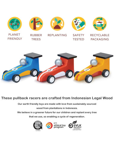 Coches de Carreras de Retroceso Mentari - 3 Piezas de Madera