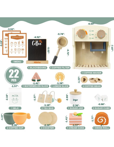 Juego de Café de Madera Milefun 22 Piezas para Niños 3-8 Años
