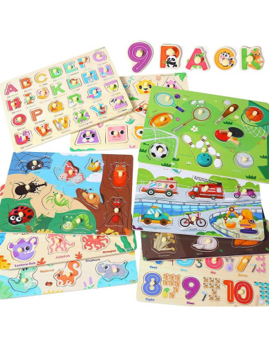 Puzzle Montessori de Madera GRINNNIE 9 Piezas para Niños 3-5 Años