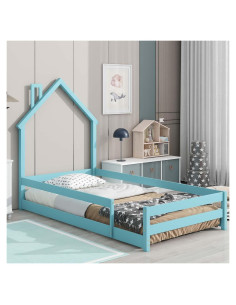 Cama Montessori Twin FTOPBTB con Cabecera Casa Azul Claro
