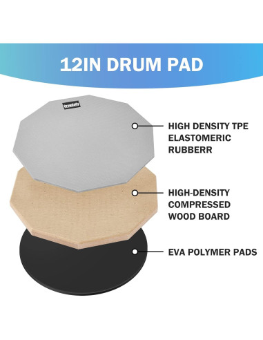 Pad de práctica de batería GrowDaily 12" con baquetas y bolsa