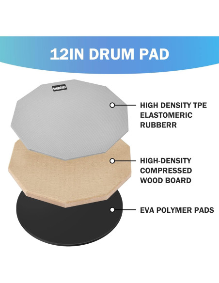 Pad de práctica de batería GrowDaily 12" con baquetas y bolsa