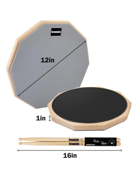 Pad de práctica de batería GrowDaily 12" con baquetas y bolsa