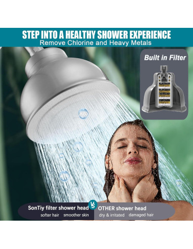 Cabezal de Ducha Filtrado SonTiy 6" Acero Inoxidable Cepillado