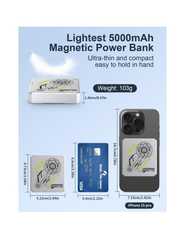 Cargador Portátil Inalámbrico MOXNICE 5000mAh 15W USB-C Plata