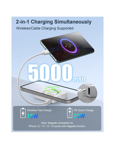 Cargador Portátil Inalámbrico MOXNICE 5000mAh 15W USB-C Plata