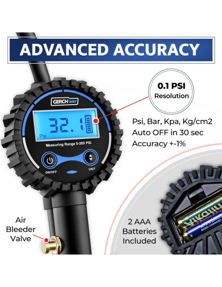 Medidor de Presión de Neumáticos Digital GERCHWAY 200 PSI