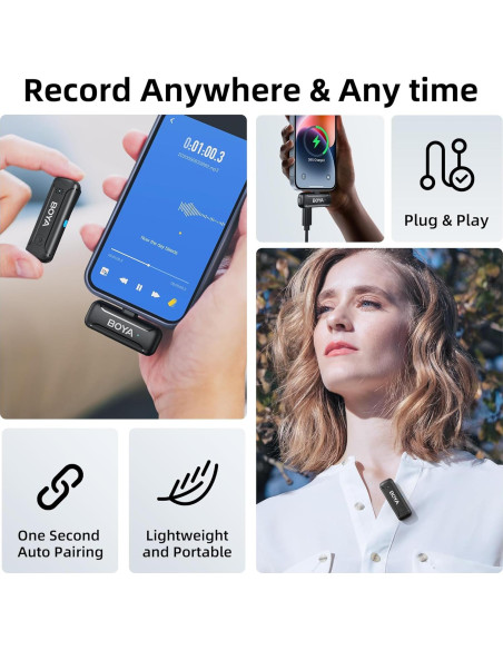 Micrófono Inalámbrico BOYA BY-WM3T-D2 para iPhone, 30h Batería