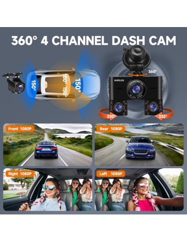 Cámara Dash 360 HUPEJOS V7 4 Canales FHD 1080p Wi-Fi 64GB