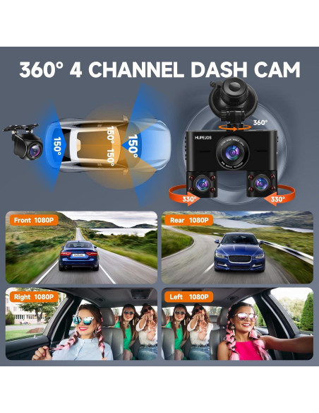 Cámara Dash 360 HUPEJOS V7 4 Canales FHD 1080p Wi-Fi 64GB