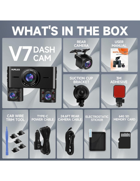 Cámara Dash 360 HUPEJOS V7 4 Canales FHD 1080p Wi-Fi 64GB