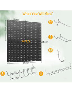 Kit de Tablero Perforado FZK Negro 36 Piezas con 32 Ganchos 2