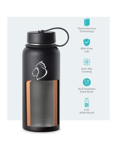 Botella de Agua Aislada BUZIO 32 oz Doble Pared Negra