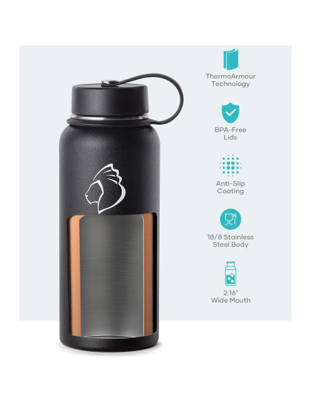Botella de Agua Aislada BUZIO 32 oz Doble Pared Negra