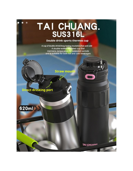 Botella de Agua Aislada Jiskenis 1.3L con Pajilla y Tapa