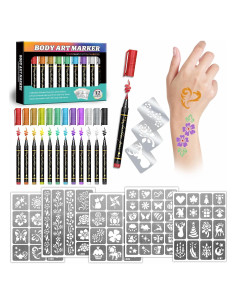 Marcadores de Tatuajes Temporales Metuu - 12 Colores y 155 Diseños