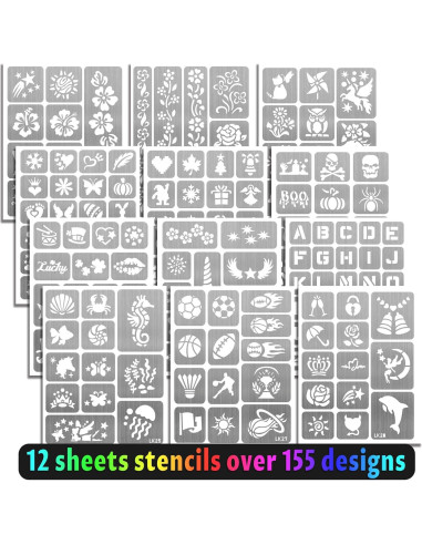 Marcadores de Tatuajes Temporales Metuu - 12 Colores y 155 Diseños