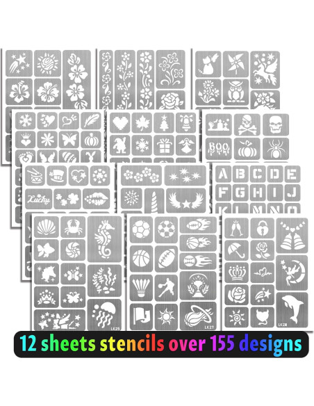 Marcadores de Tatuajes Temporales Metuu - 12 Colores y 155 Diseños