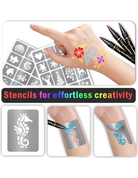 Marcadores de Tatuajes Temporales Metuu - 12 Colores y 155 Diseños