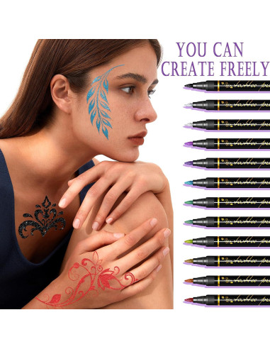 Marcadores de Tatuajes Temporales Metuu - 12 Colores y 155 Diseños