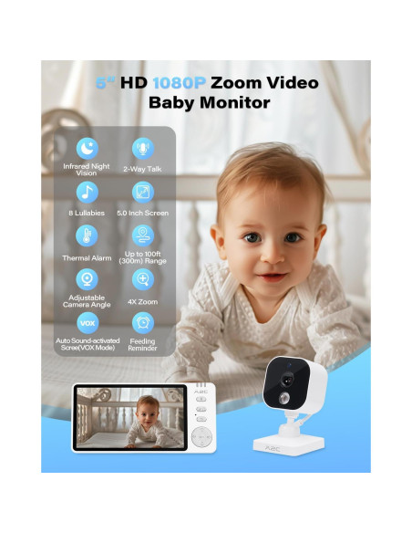 Cámara para Bebés Wiiki-Tech V3-T2Pro, 1080P 5" con Visión Nocturna