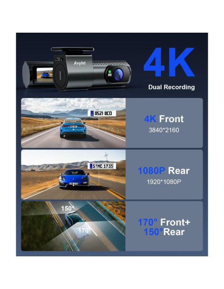 Cámara Dash Avylet 4K Delantera + 1080P Trasera WiFi Cámara Dash Avylet 4K Delantera + 1080P Trasera WiFi