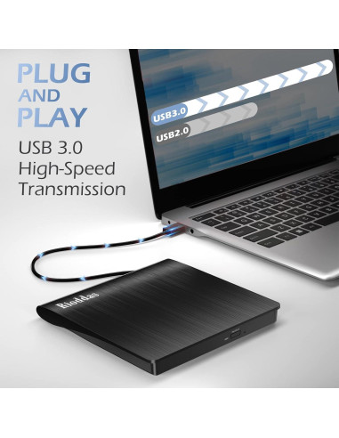 Unidad Externa de CD/DVD Rioddas USB 3.0 16.5x16.3cm