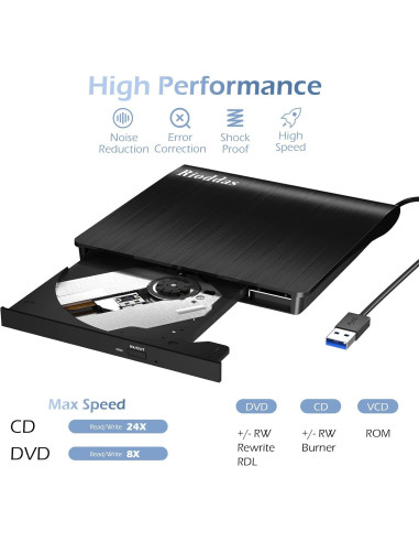 Unidad Externa de CD/DVD Rioddas USB 3.0 16.5x16.3cm