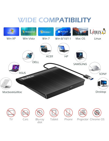 Unidad Externa de CD/DVD Rioddas USB 3.0 16.5x16.3cm