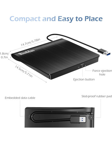 Unidad Externa de CD/DVD Rioddas USB 3.0 16.5x16.3cm