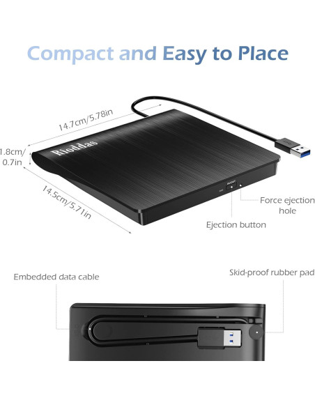 Unidad Externa de CD/DVD Rioddas USB 3.0 16.5x16.3cm