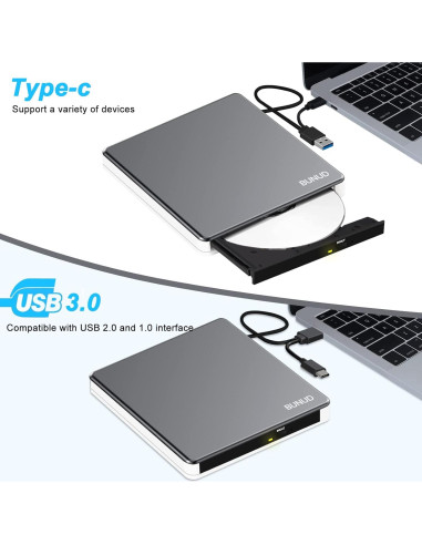 Unidad DVD Externa BUNUD USB-C 5 en 1 para Mac y PC