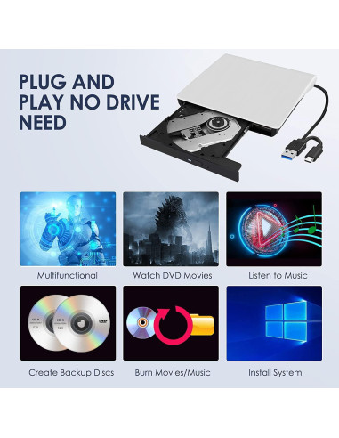 Unidad Externa de CD/DVD Hcsunfly USB 3.0 Tipo C Blanca