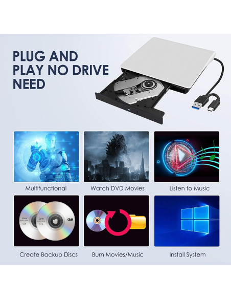 Unidad Externa de CD/DVD Hcsunfly USB 3.0 Tipo C Blanca