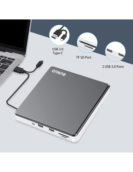 Unidad DVD Externa BUNUD USB-C 5 en 1 para Mac y PC