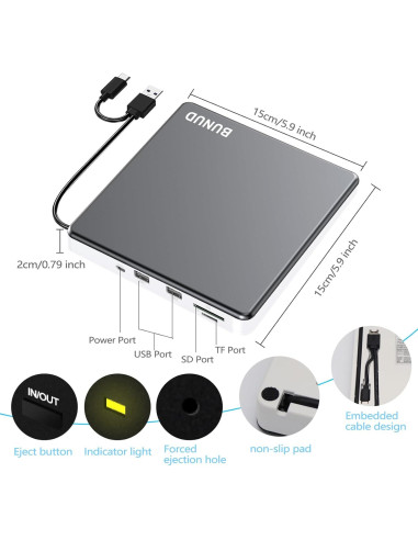 Unidad DVD Externa BUNUD USB-C 5 en 1 para Mac y PC