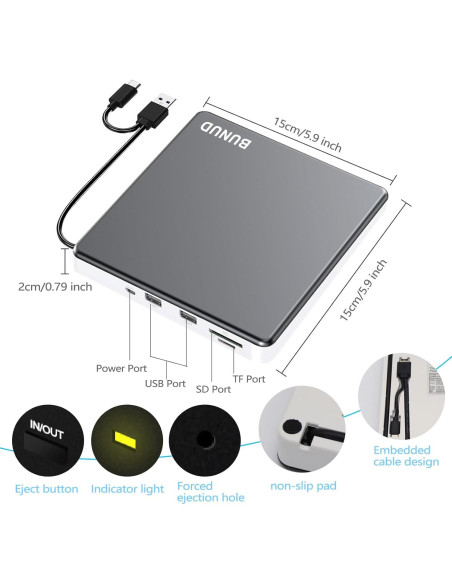Unidad DVD Externa BUNUD USB-C 5 en 1 para Mac y PC