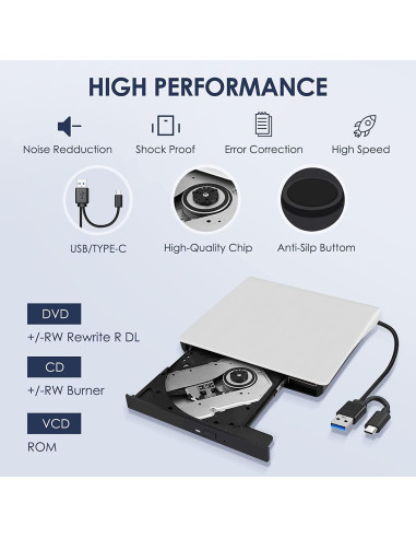 Unidad Externa de CD/DVD Hcsunfly USB 3.0 Tipo C Blanca
