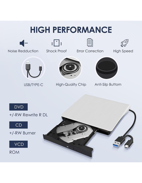 Unidad Externa de CD/DVD Hcsunfly USB 3.0 Tipo C Blanca