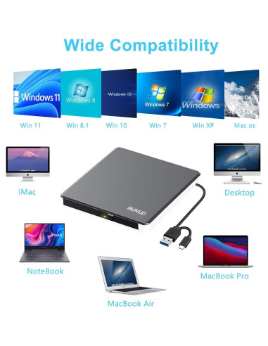 Unidad DVD Externa BUNUD USB-C 5 en 1 para Mac y PC