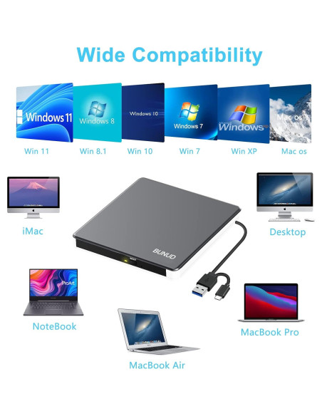 Unidad DVD Externa BUNUD USB-C 5 en 1 para Mac y PC