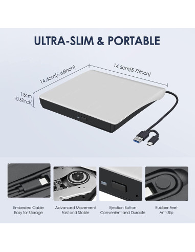 Unidad Externa de CD/DVD Hcsunfly USB 3.0 Tipo C Blanca