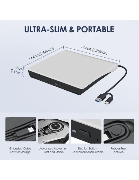 Unidad Externa de CD/DVD Hcsunfly USB 3.0 Tipo C Blanca