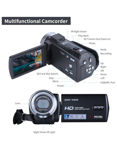 Cámara de Video Ordro HDV-V12 1080P Infrarroja con 16GB